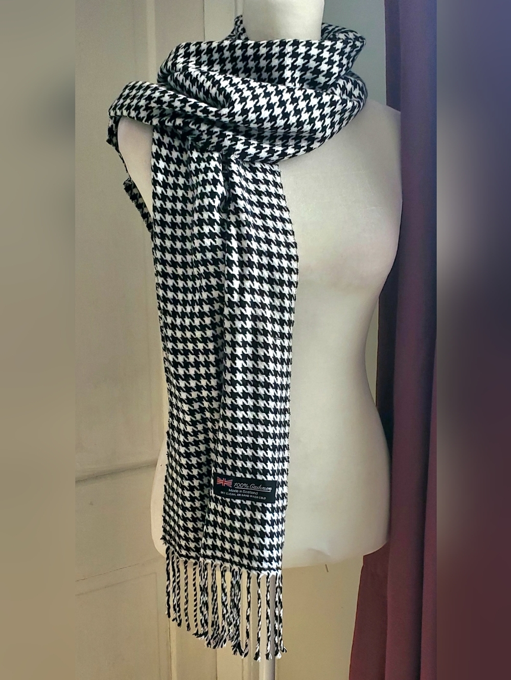 Classic Black & White Houndstooth Fringe Scarf